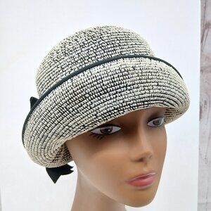 Vintage Original Roberta Bernays Straw Hat with Bow Black White Union Made